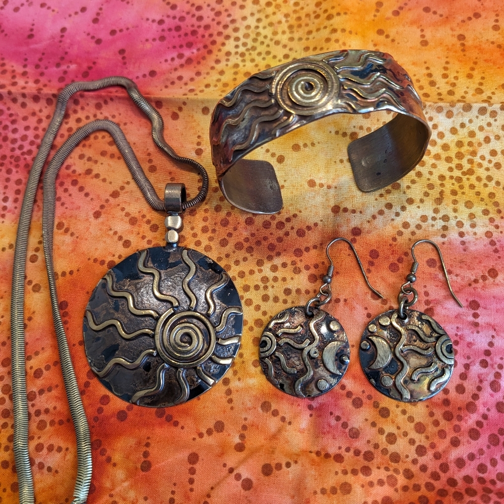 Bronze Medallion with matching wrist cuff and pierced sun/moon earrings